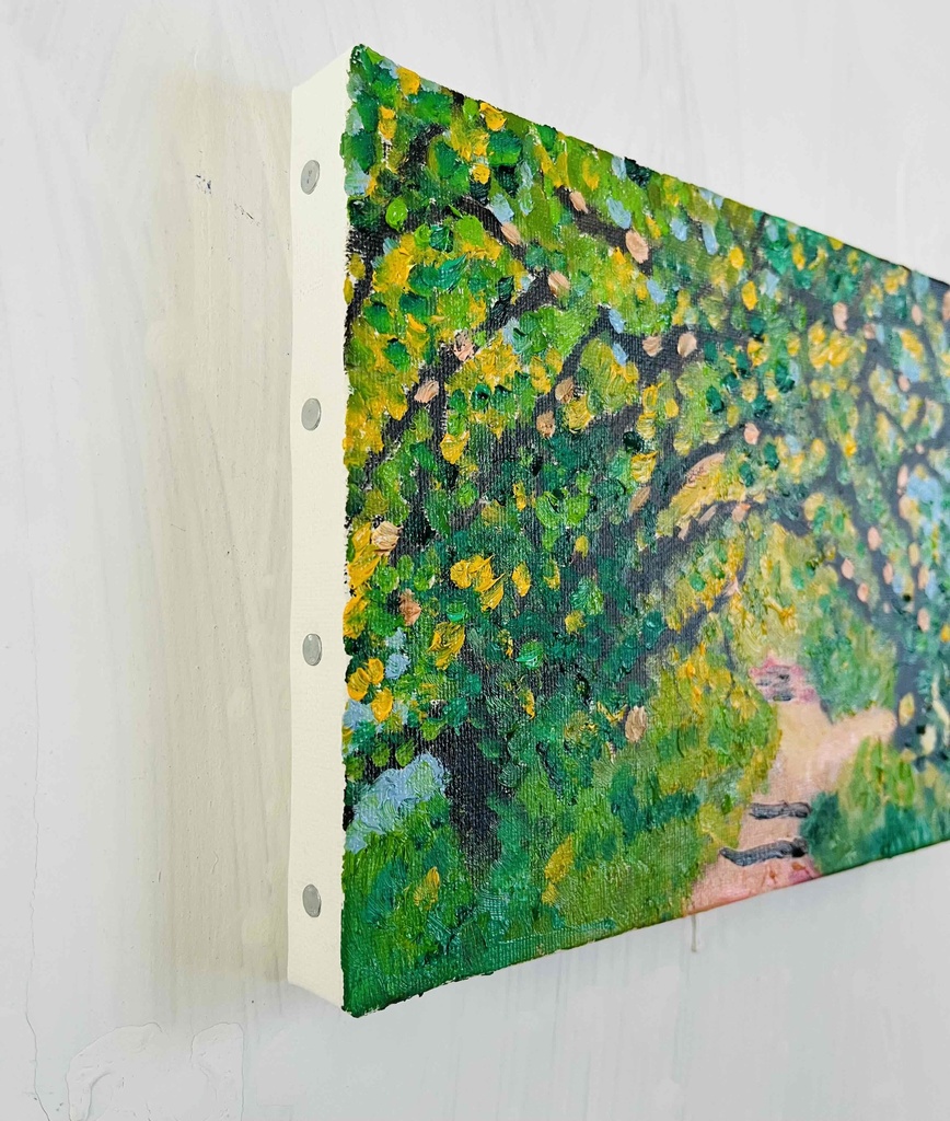 油彩画 原画「近所の風景 堤防」16×23㎝・サムホールサイズ 風景画