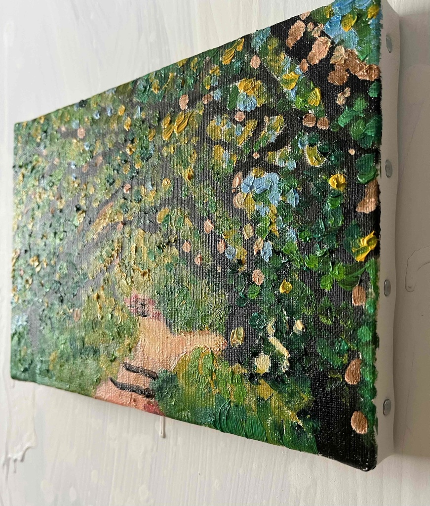 油彩画 原画「近所の風景 堤防」16×23㎝・サムホールサイズ 風景画