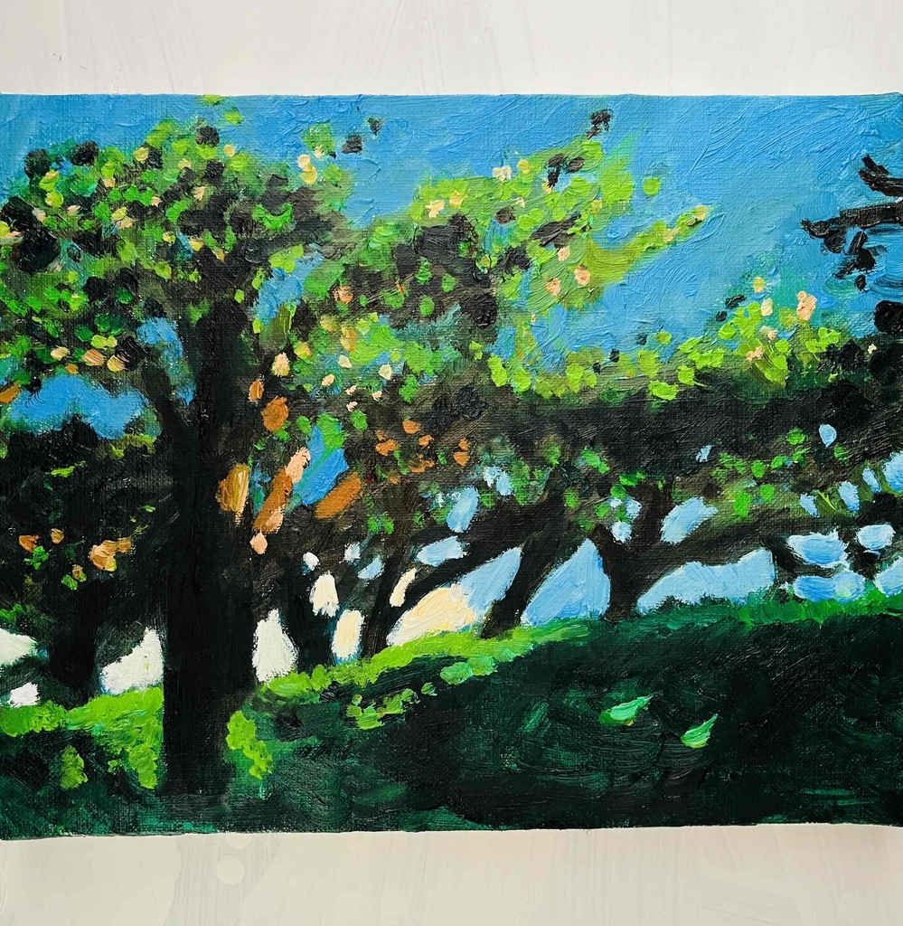 油彩画 原画「近所の風景 堤防」アート 絵画 22×27㎝ F3