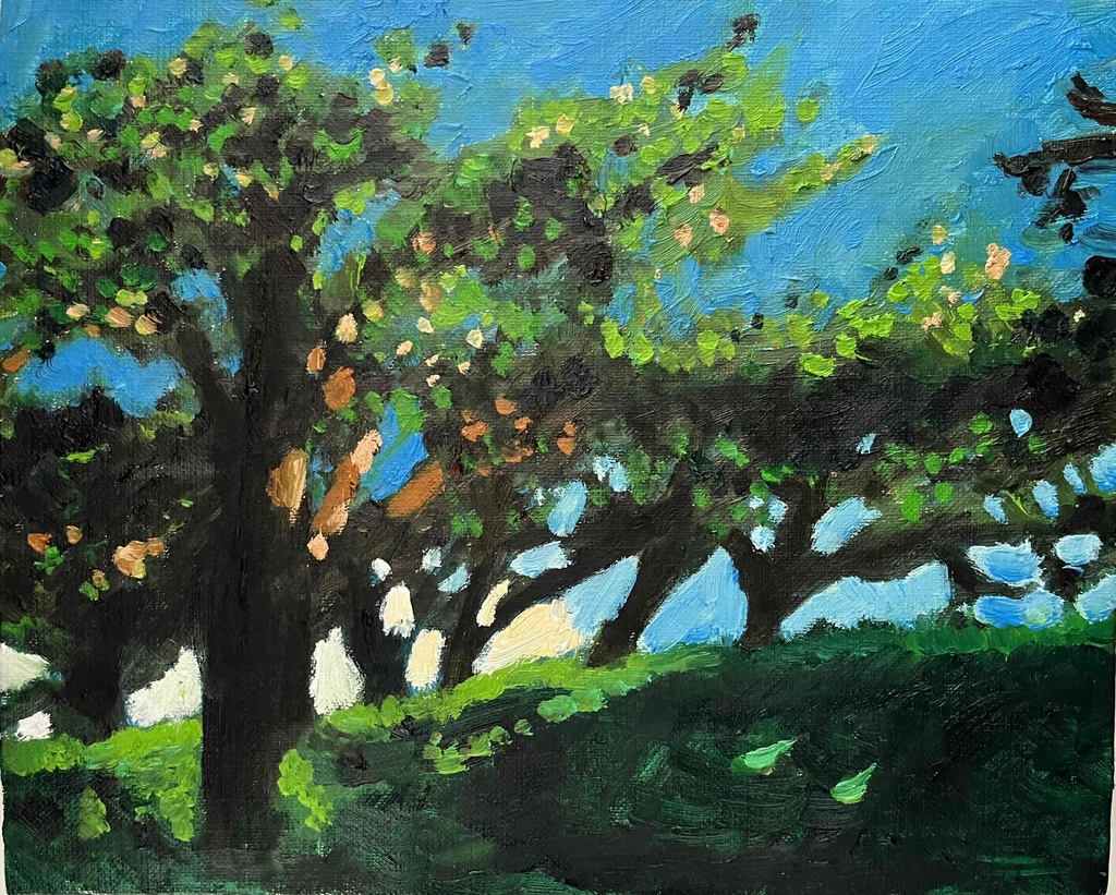 油彩画 原画「近所の風景 堤防」アート 絵画 22×27㎝ F3