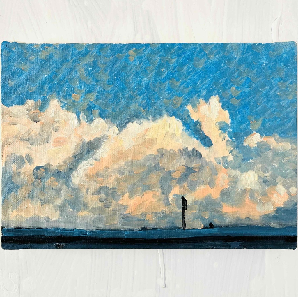 原画　油彩画「近所の風景　高速と空」絵画・サムホールサイズ（16×23㎝）