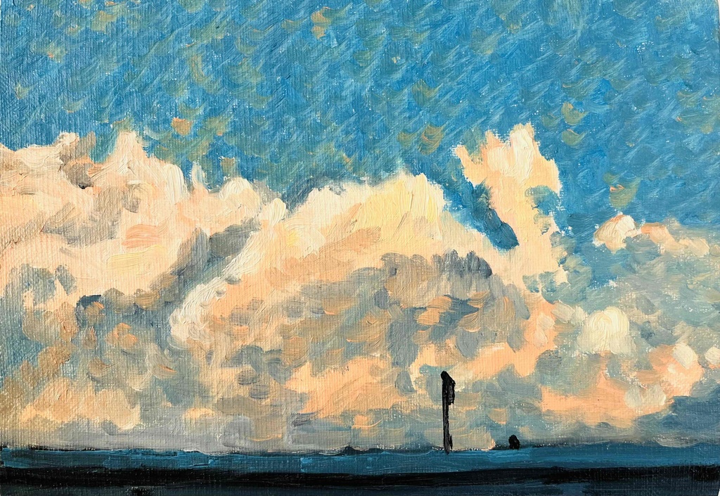 原画 油彩画「近所の風景 高速と空」絵画・サムホールサイズ(16×23㎝)