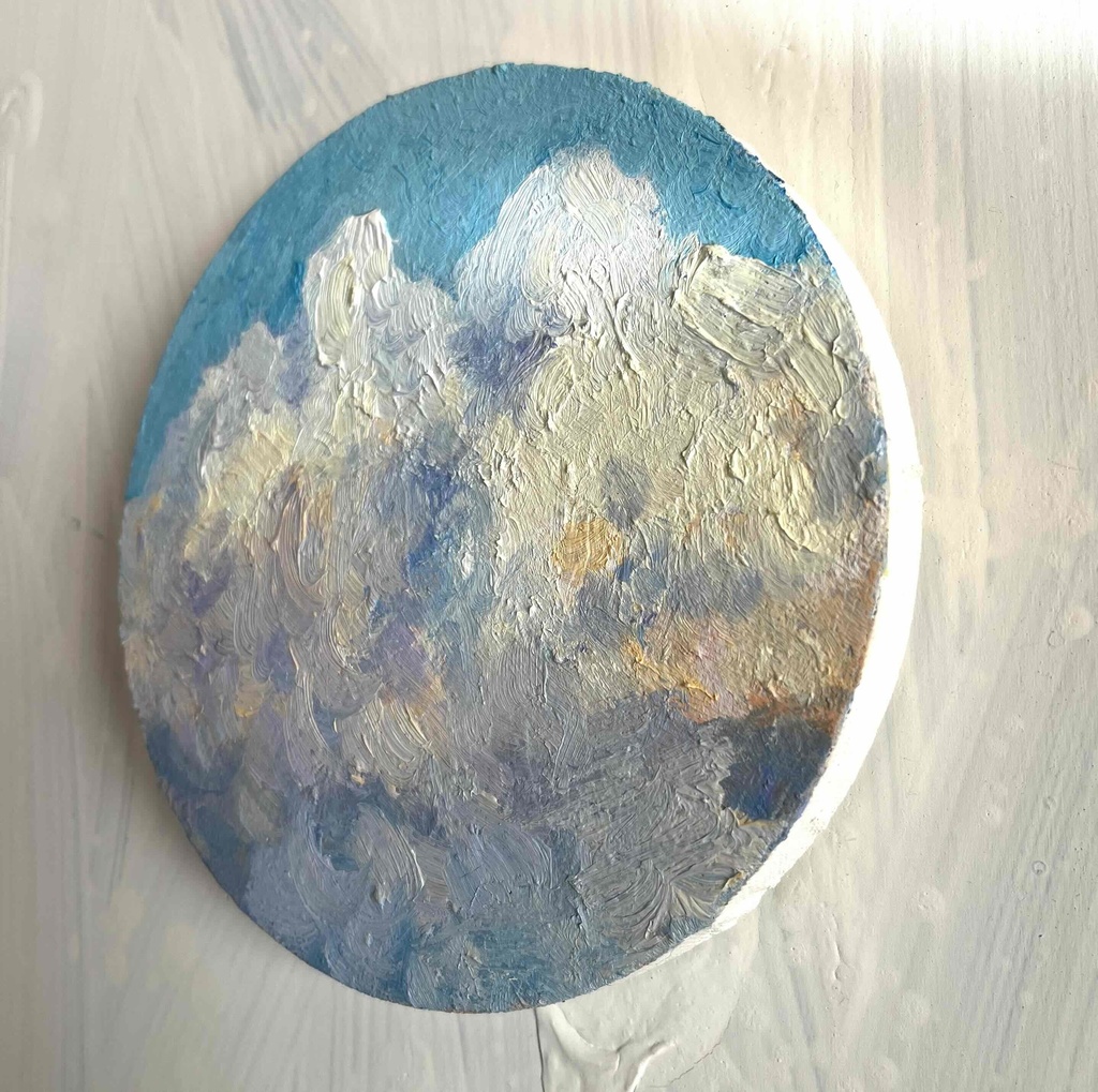 油彩 絵画 『空の雲』丸形アートパネル 直径15cmインテリア 絵画 原画