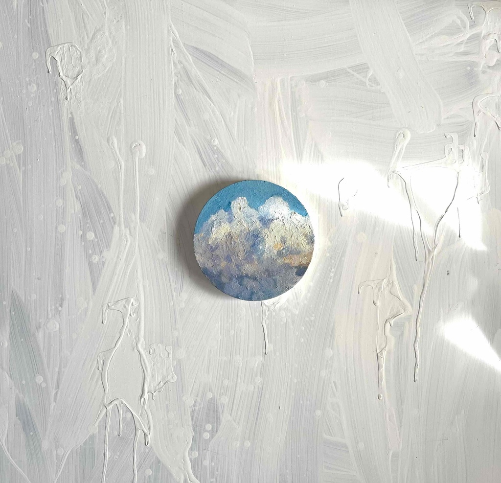 油彩 絵画 『空の雲』丸形アートパネル 直径15cmインテリア 絵画 原画