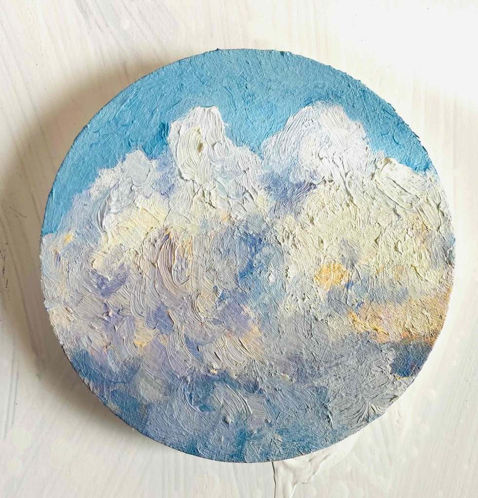 油彩 絵画 『空の雲』丸形アートパネル 直径15cmインテリア 絵画 原画
