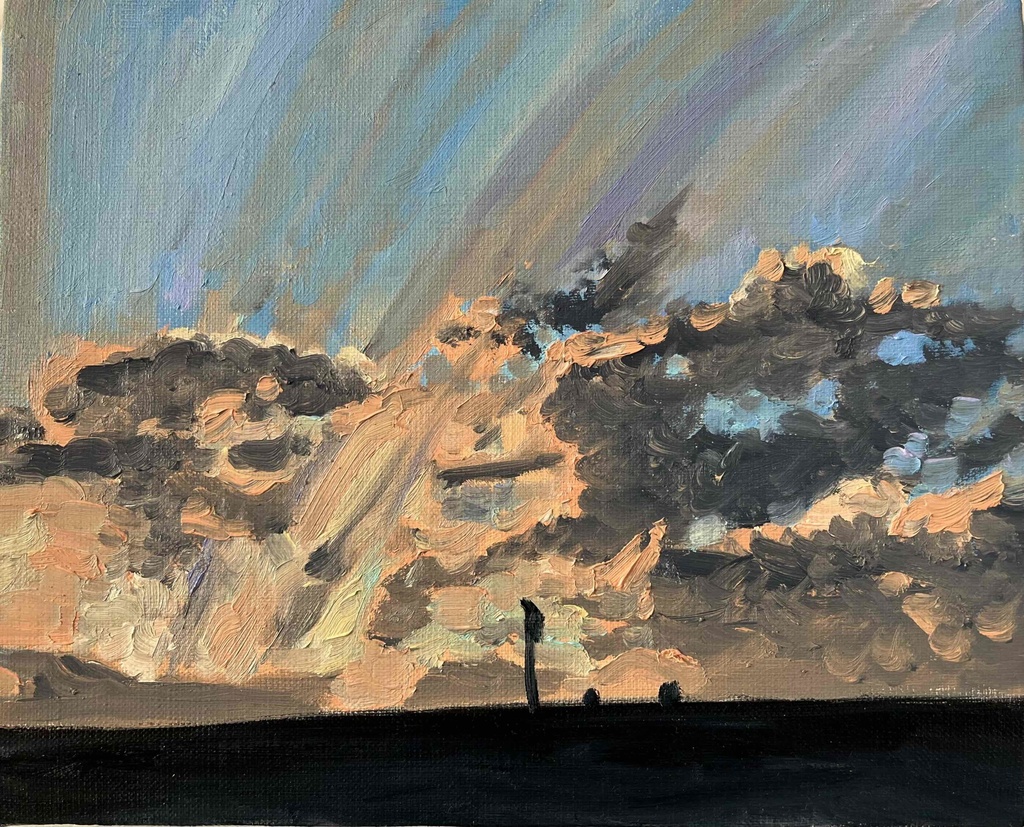 油彩画 原画「近所の風景 高速と空2」アート 絵画 22×27㎝ F3 キャンバス