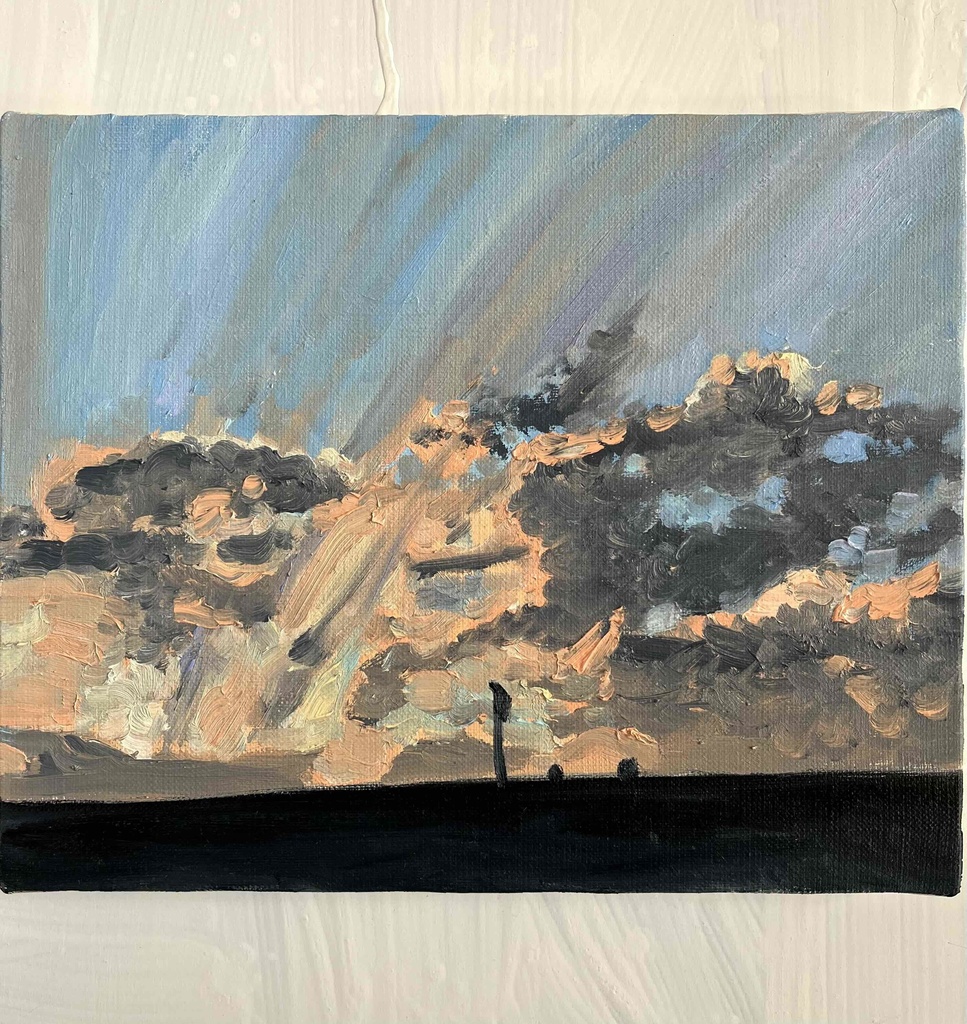 油彩画　原画「近所の風景　高速と空２」アート　絵画 22×27㎝ F3　キャンバス