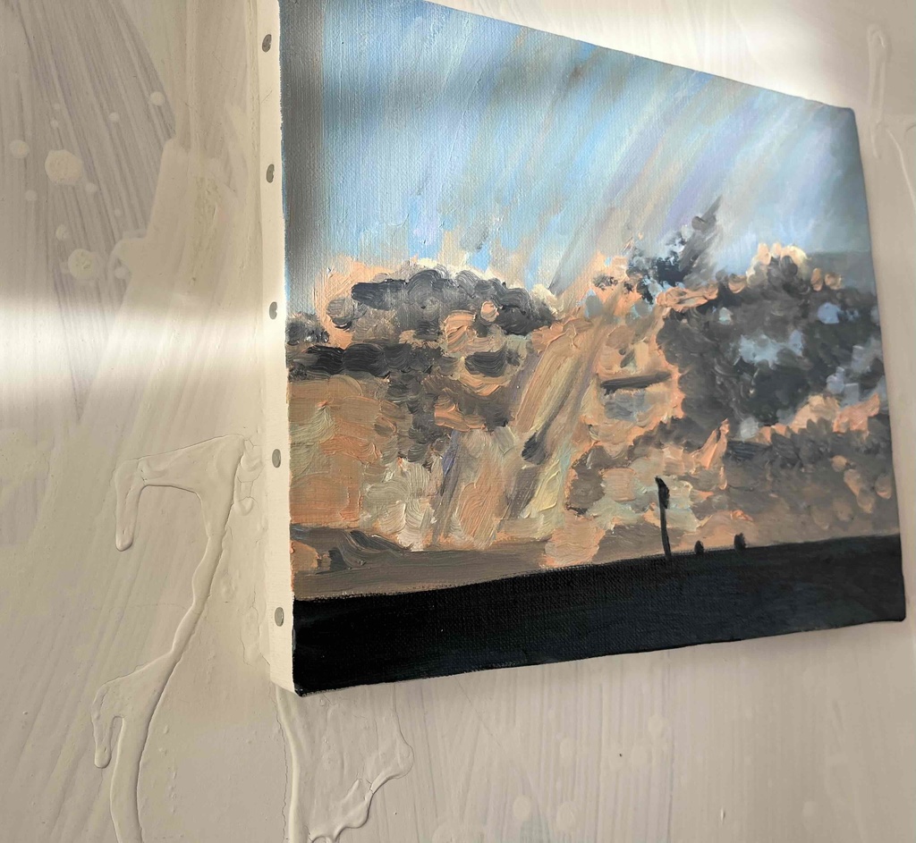 油彩画 原画「近所の風景 高速と空2」アート 絵画 22×27㎝ F3 キャンバス