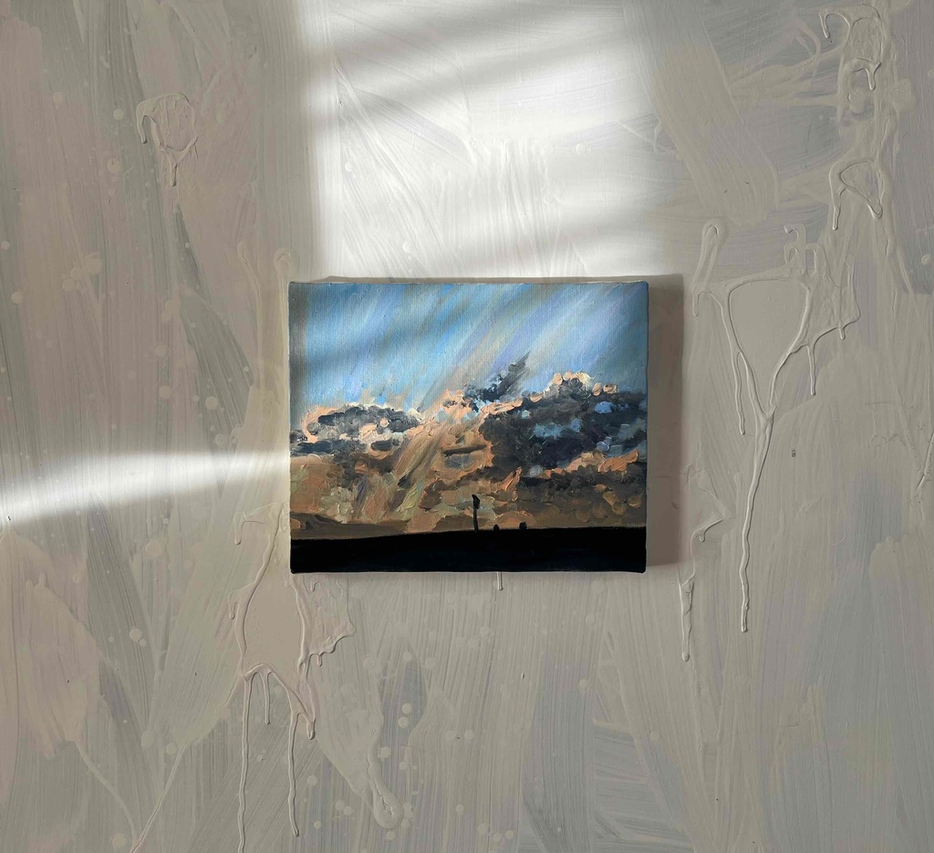 油彩画 原画「近所の風景 高速と空2」アート 絵画 22×27㎝ F3 キャンバス