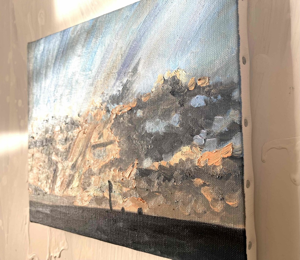 油彩画 原画「近所の風景 高速と空2」アート 絵画 22×27㎝ F3 キャンバス