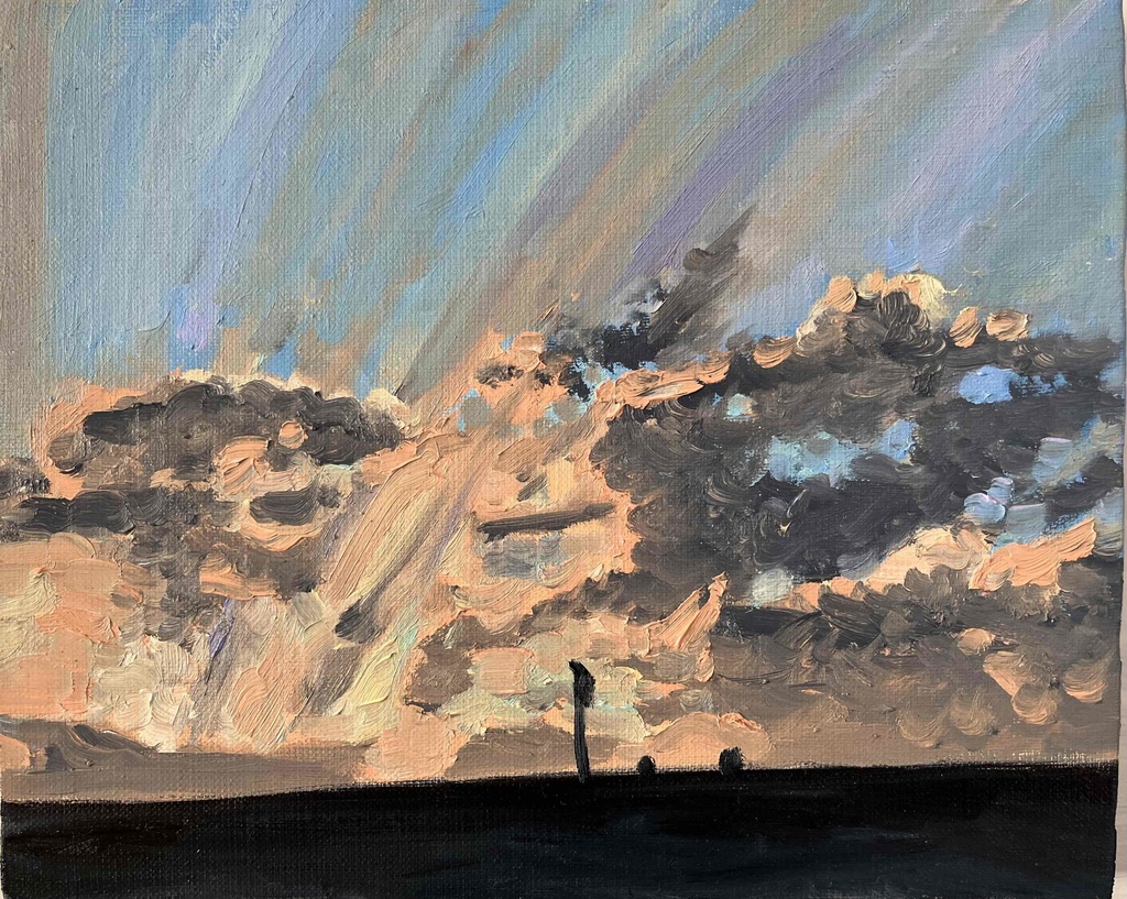 油彩画 原画「近所の風景 高速と空2」アート 絵画 22×27㎝ F3 キャンバス