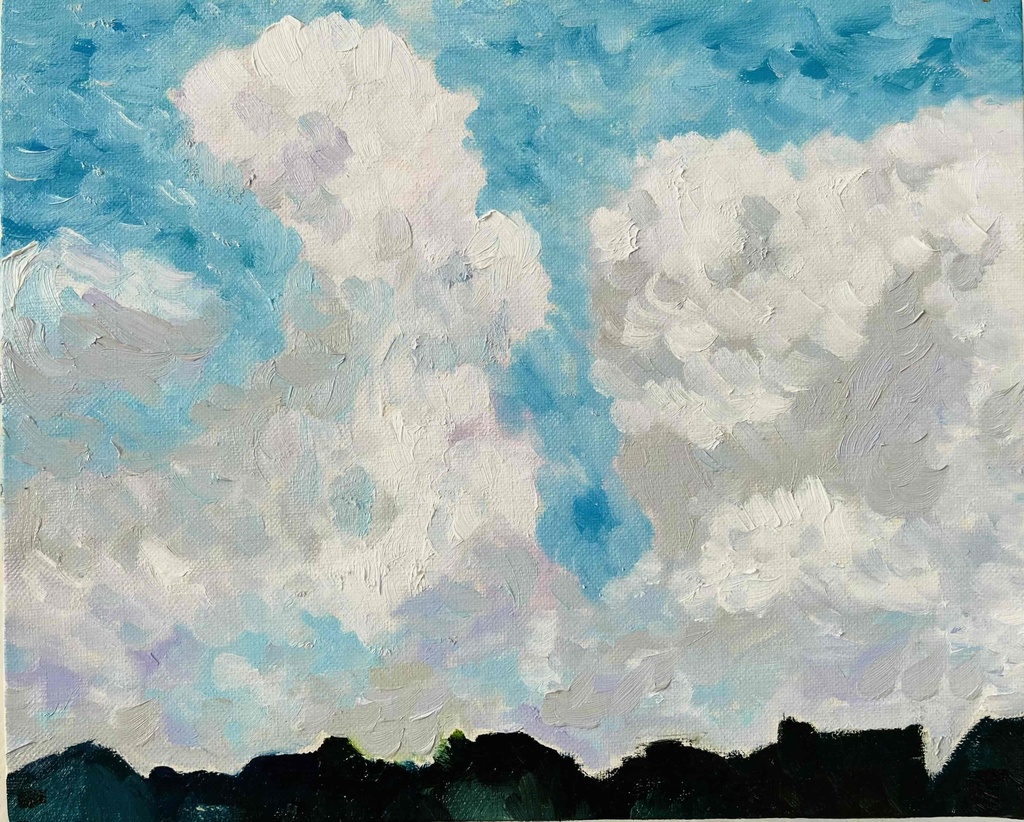 油彩画 原画「民家とジャイアントクラウド」アート 絵画 22×27㎝ F3 キャンバス