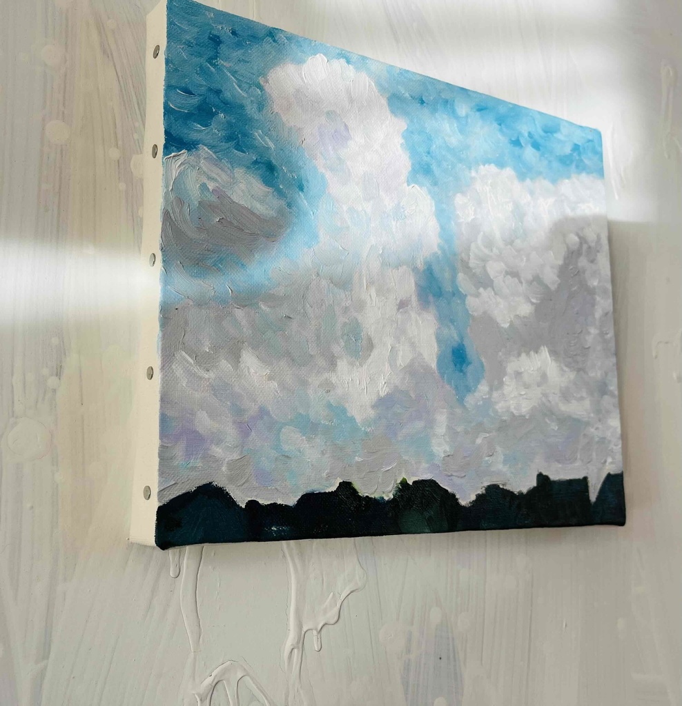 油彩画 原画「民家とジャイアントクラウド」アート 絵画 22×27㎝ F3 キャンバス