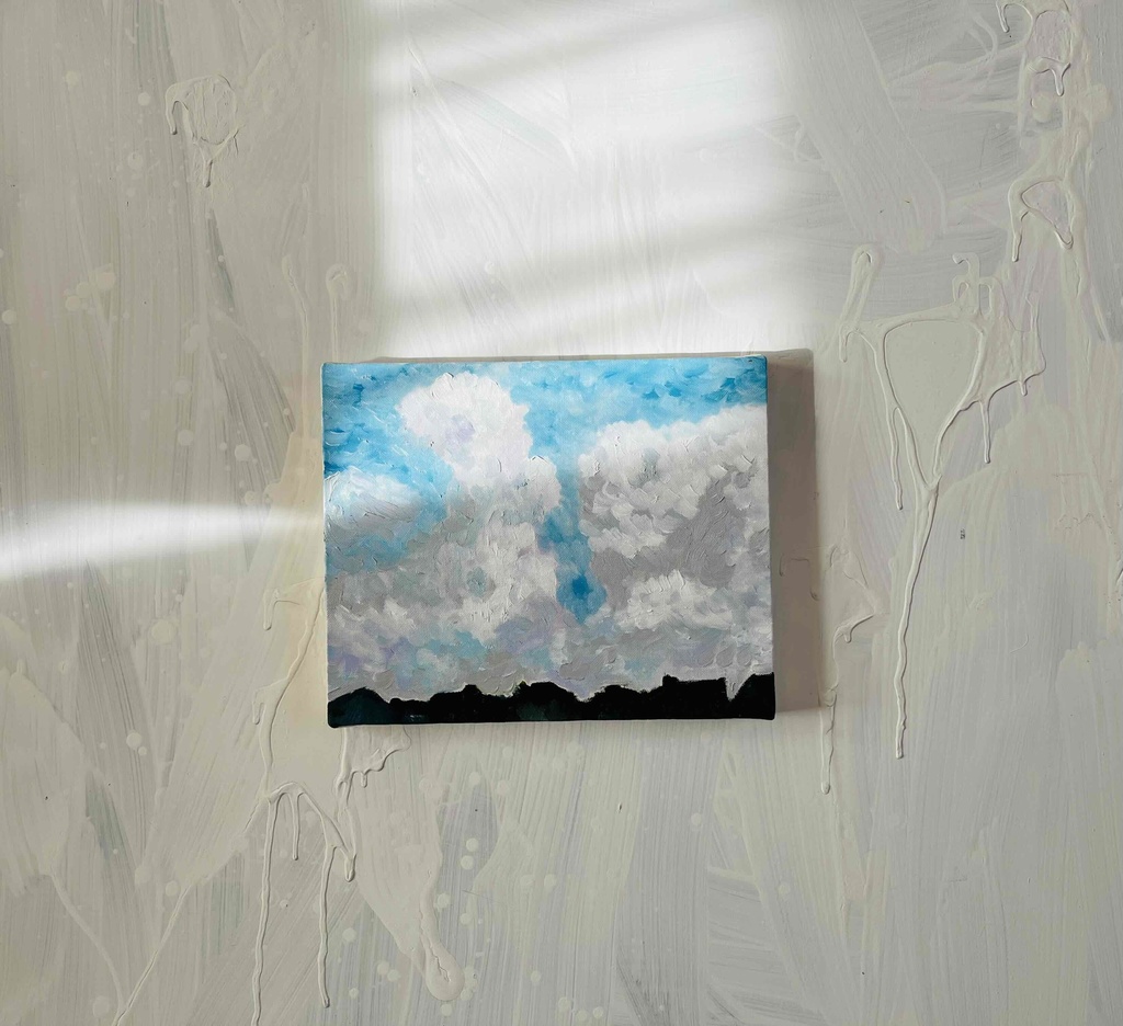 油彩画 原画「民家とジャイアントクラウド」アート 絵画 22×27㎝ F3 キャンバス