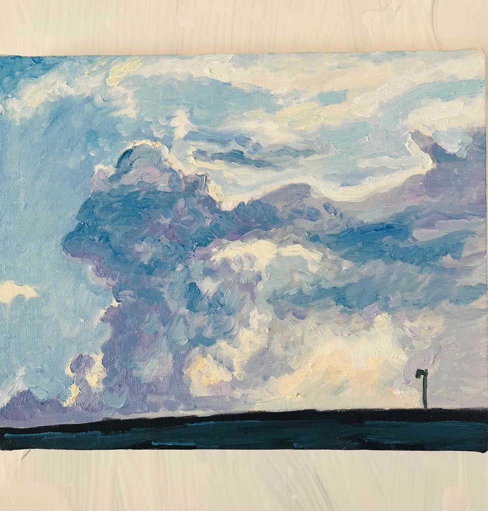 油彩画　原画「近所の風景　高速と神々の記憶が投影された空」アート　絵画 22×27㎝ F3　キャンバス