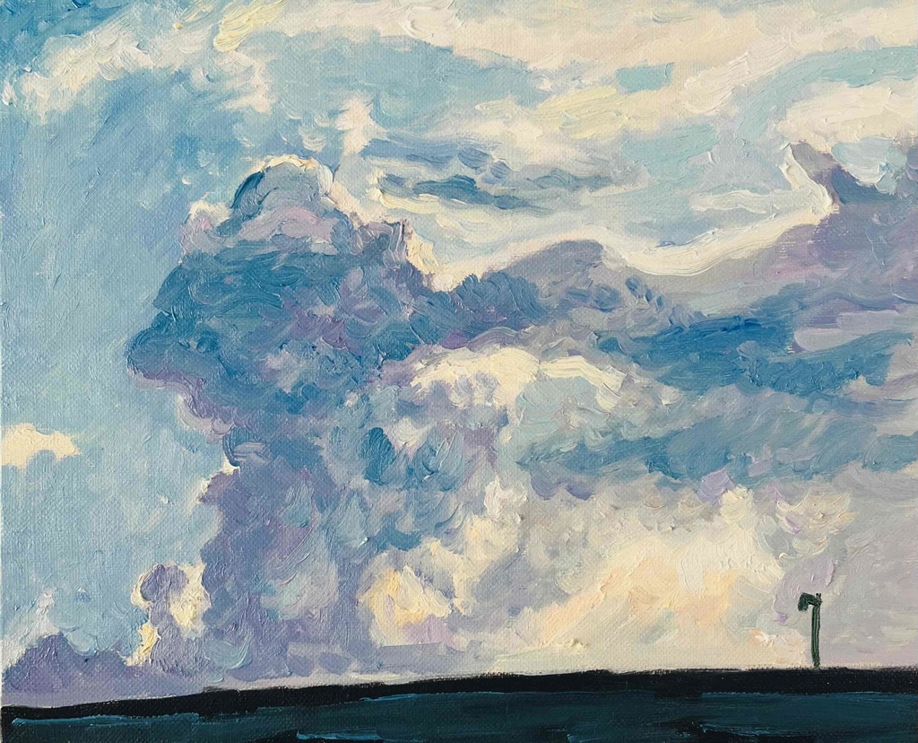 油彩画 原画「近所の風景 高速と神々の記憶が投影された空」アート 絵画 22×27㎝ F3 キャンバス