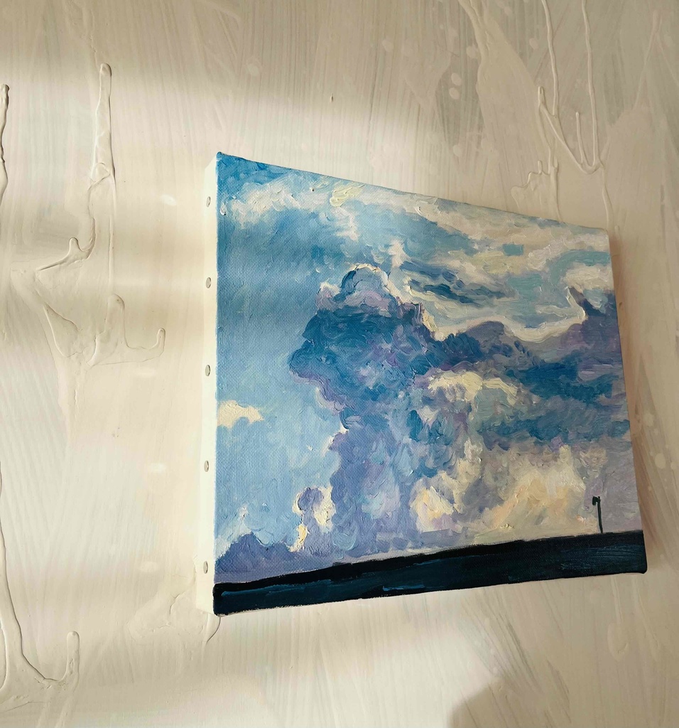 油彩画 原画「近所の風景 高速と神々の記憶が投影された空」アート 絵画 22×27㎝ F3 キャンバス