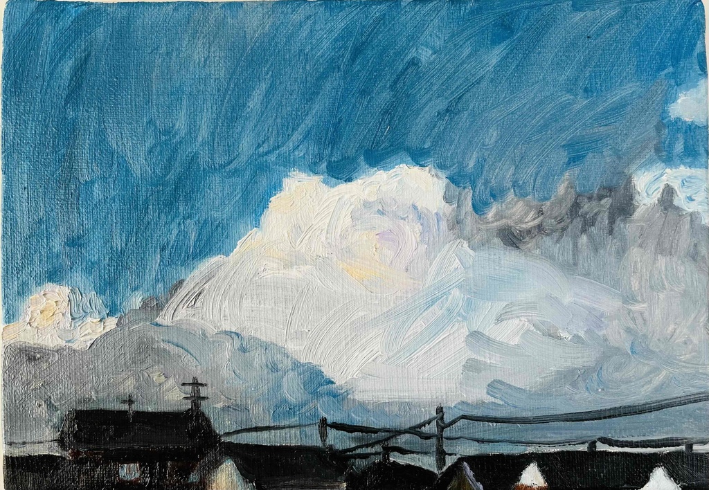 原画 油彩画「朝雲」絵画・アート・キャンバス・サムホールサイズ(16×23㎝)