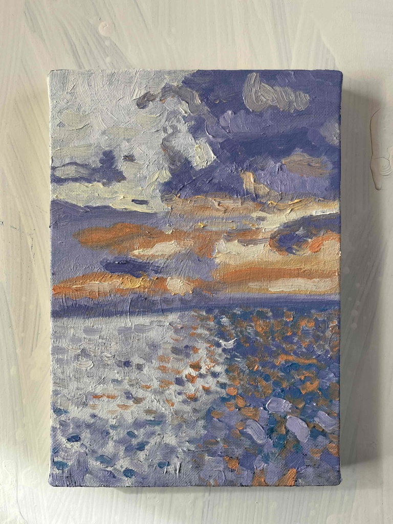 原画 油彩画「バイオレット色の海」絵画・アート・キャンバス・サムホールサイズ(16×23㎝)