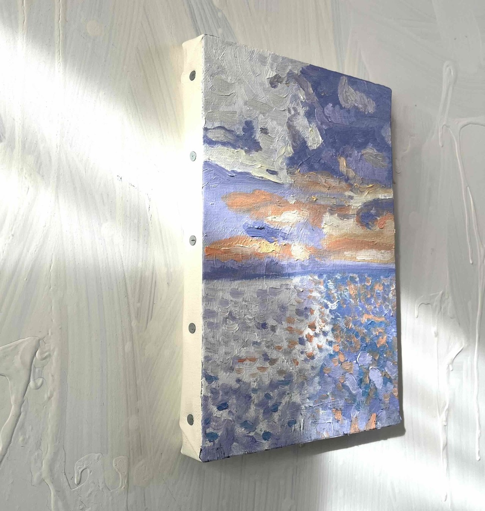 原画 油彩画「バイオレット色の海」絵画・アート・キャンバス・サムホールサイズ(16×23㎝)