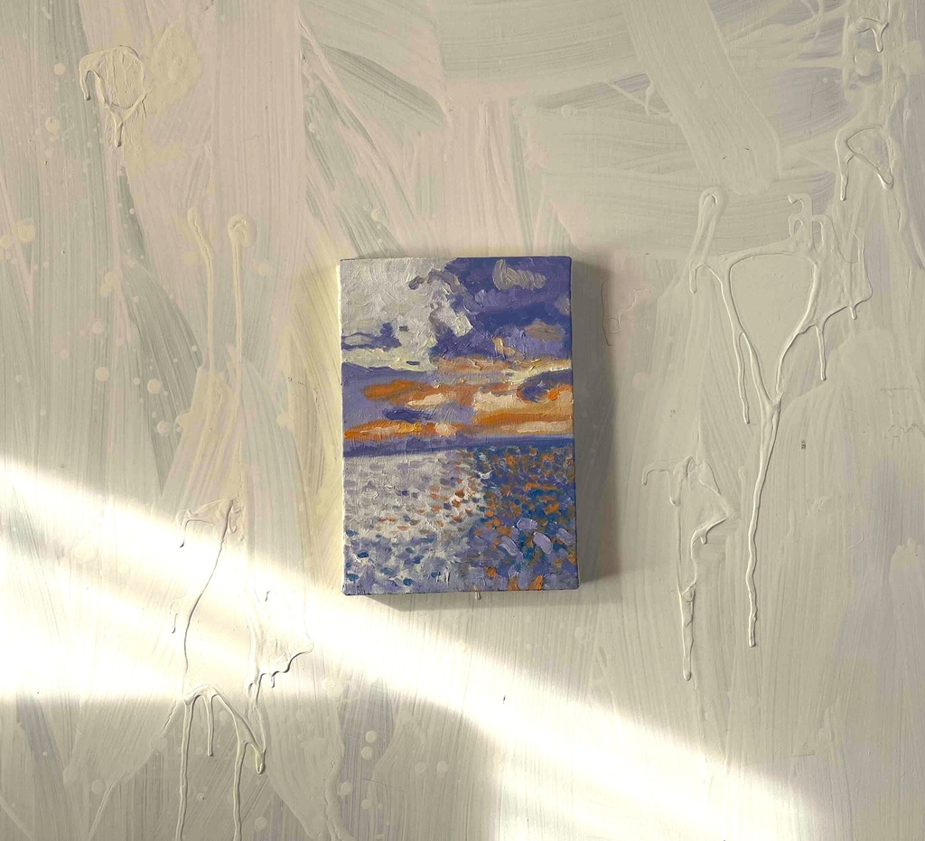 原画 油彩画「バイオレット色の海」絵画・アート・キャンバス・サムホールサイズ(16×23㎝)