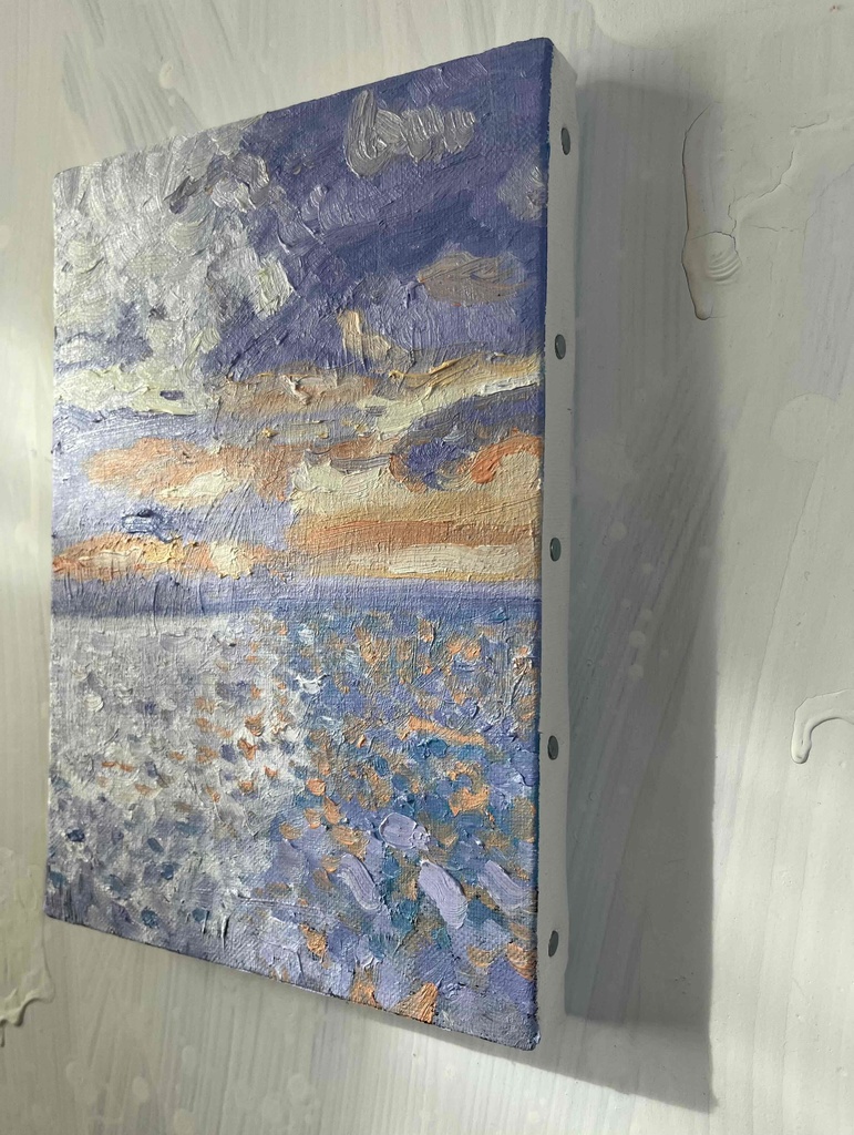 原画 油彩画「バイオレット色の海」絵画・アート・キャンバス・サムホールサイズ(16×23㎝)