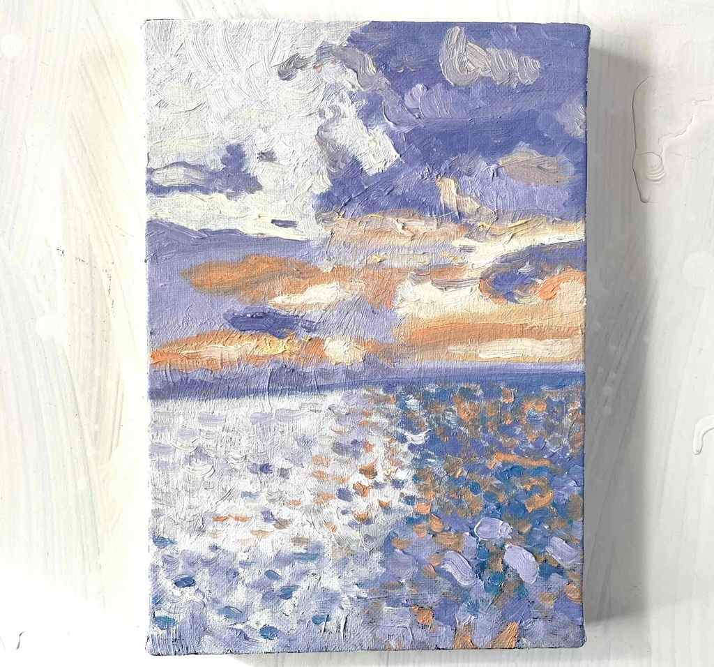 原画 油彩画「バイオレット色の海」絵画・アート・キャンバス・サムホールサイズ(16×23㎝)