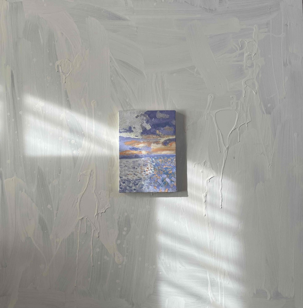 原画 油彩画「バイオレット色の海」絵画・アート・キャンバス・サムホールサイズ(16×23㎝)