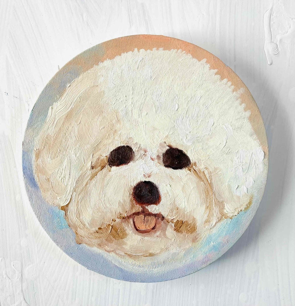 絵画 『ペロ』原画 油彩 直径20cm　犬　DOG 絵画 丸形アートパネル