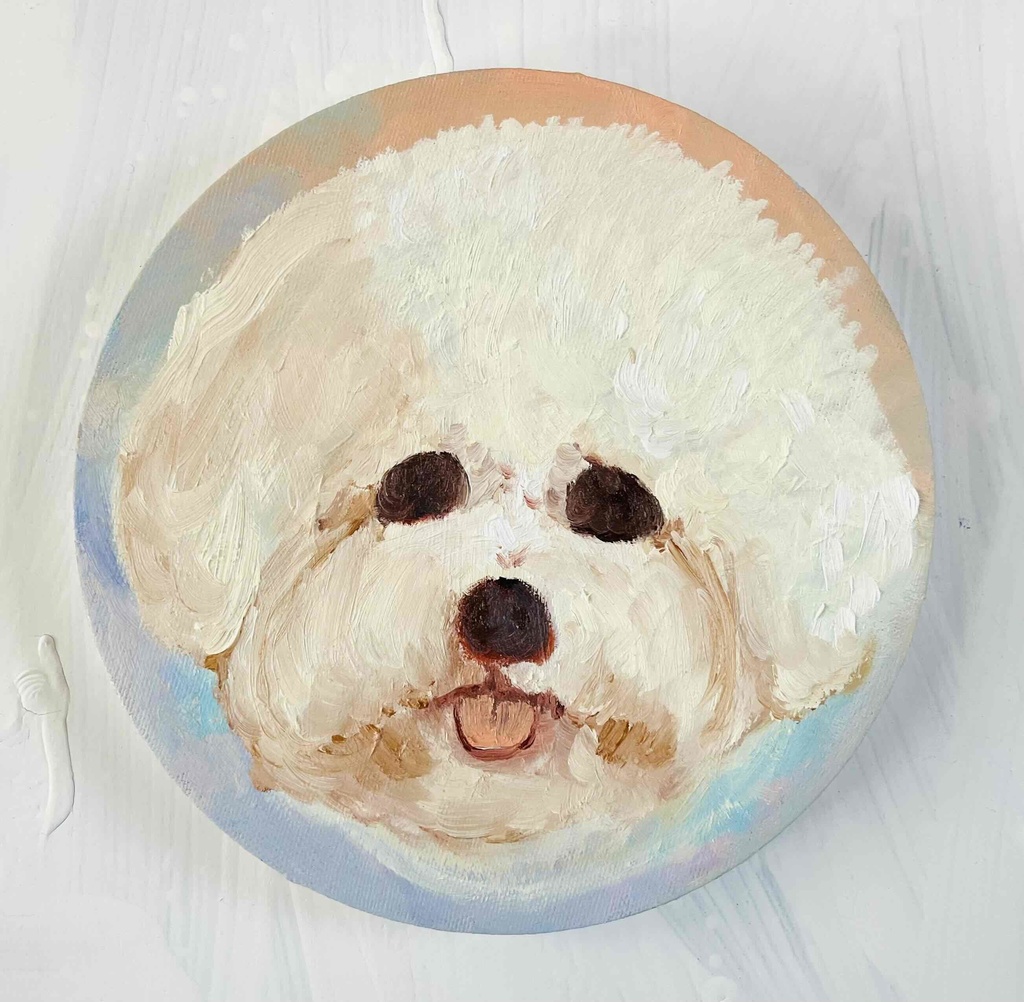 絵画 『ペロ』原画 油彩 直径20cm 犬 DOG 絵画 丸形アートパネル