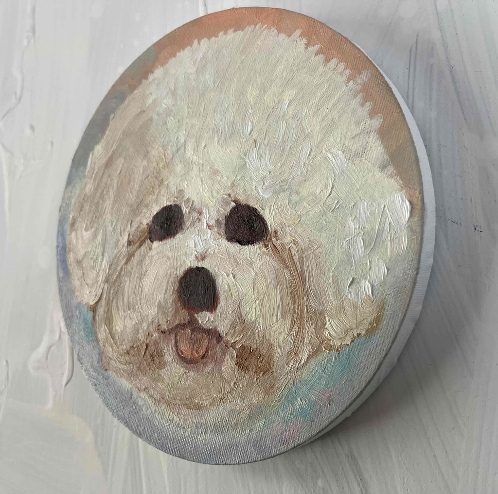 絵画 『ペロ』原画 油彩 直径20cm 犬 DOG 絵画 丸形アートパネル