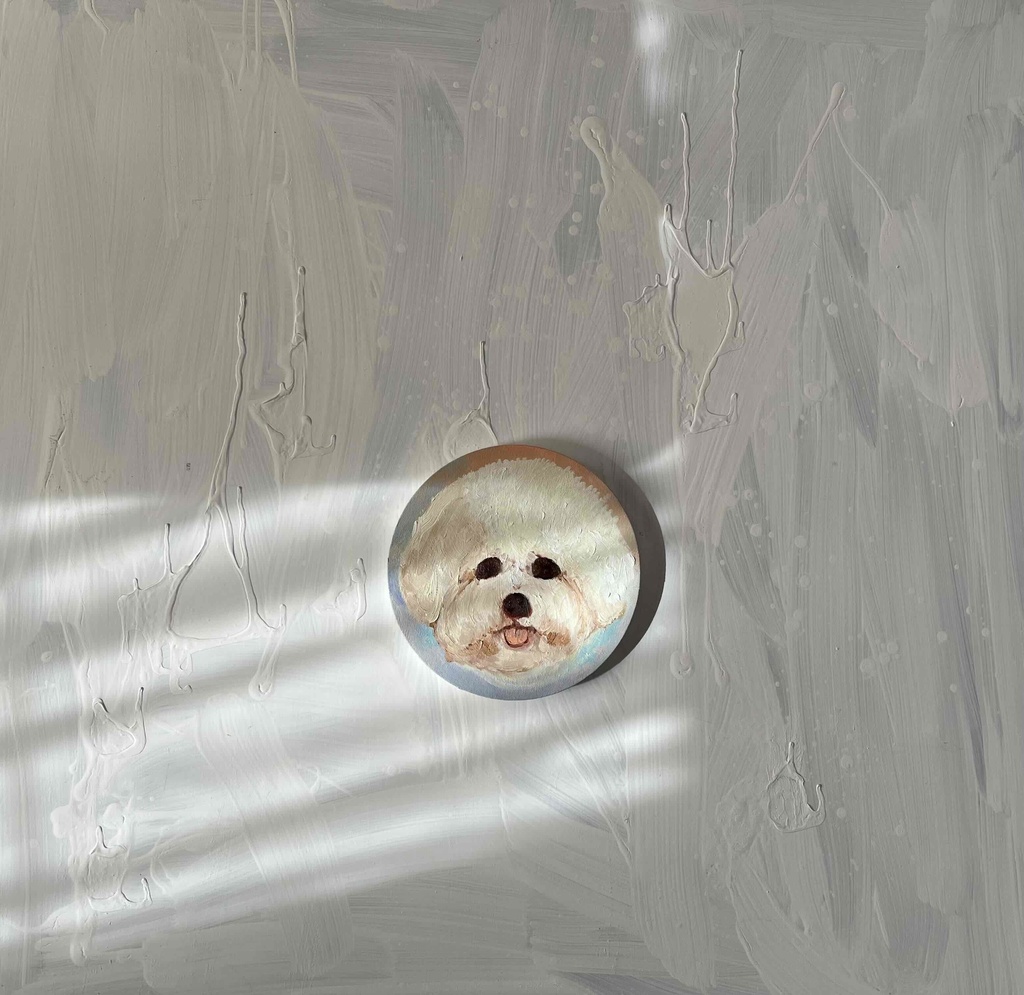 絵画 『ペロ』原画 油彩 直径20cm 犬 DOG 絵画 丸形アートパネル