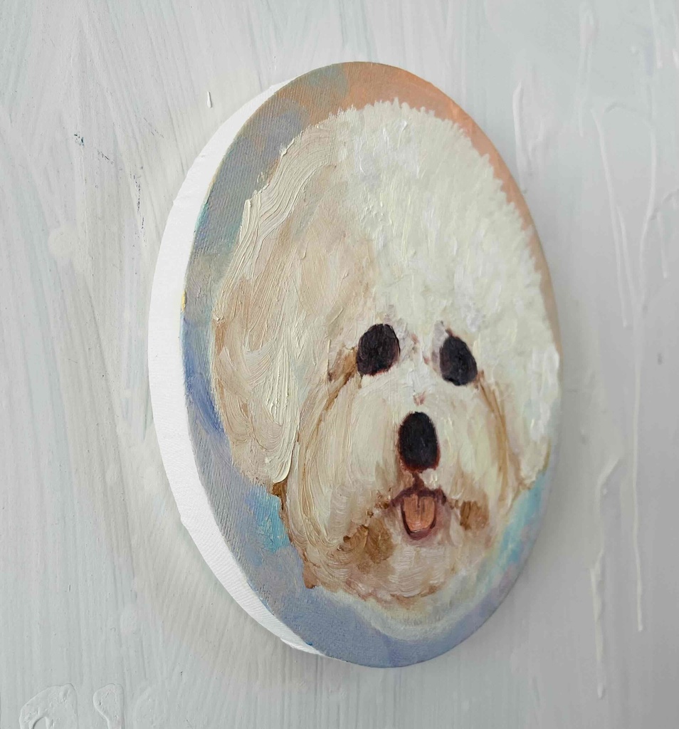 絵画 『ペロ』原画 油彩 直径20cm 犬 DOG 絵画 丸形アートパネル