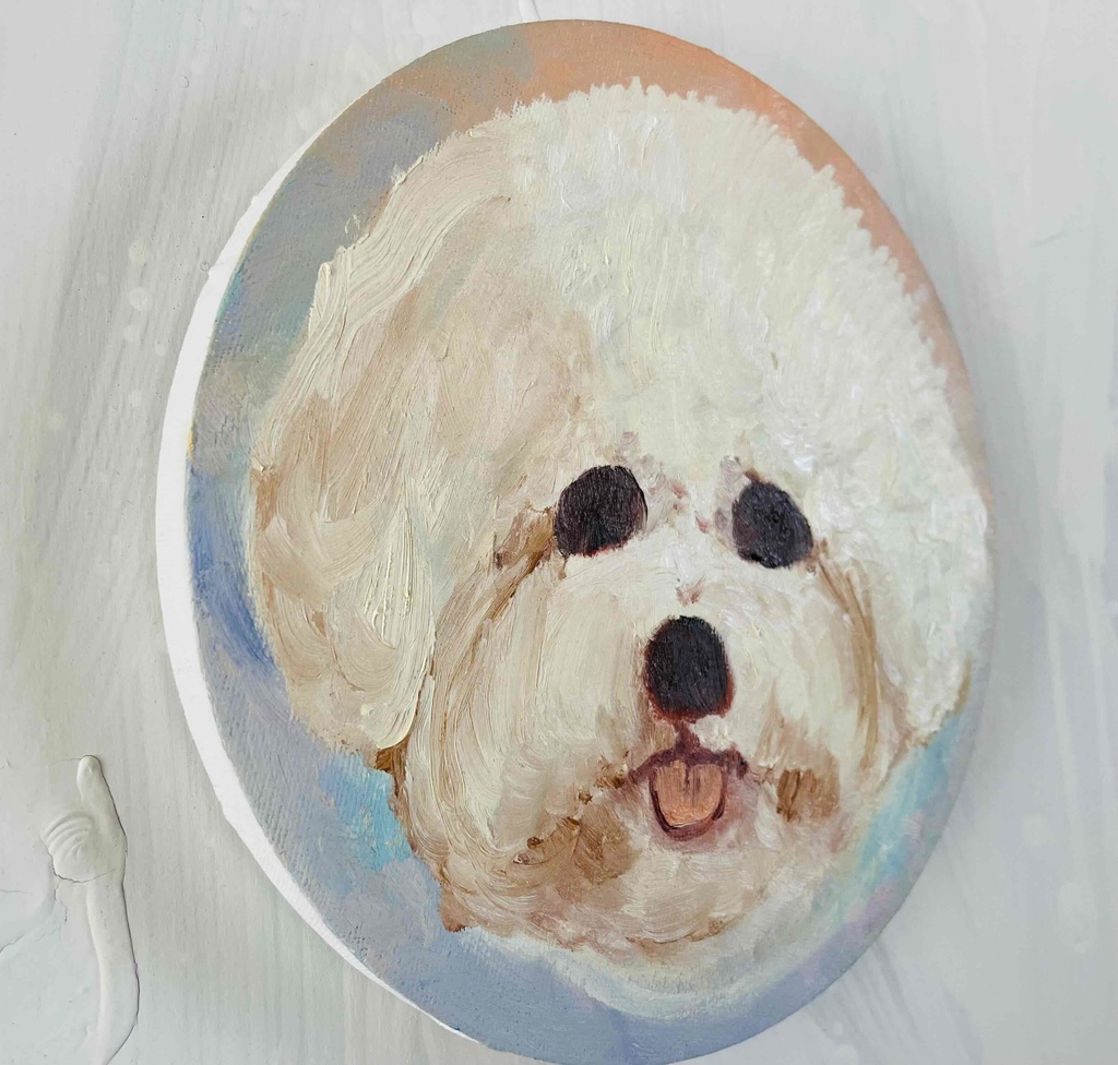 絵画 『ペロ』原画 油彩 直径20cm 犬 DOG 絵画 丸形アートパネル