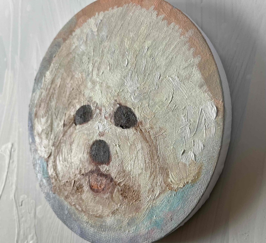 絵画 『ペロ』原画 油彩 直径20cm 犬 DOG 絵画 丸形アートパネル