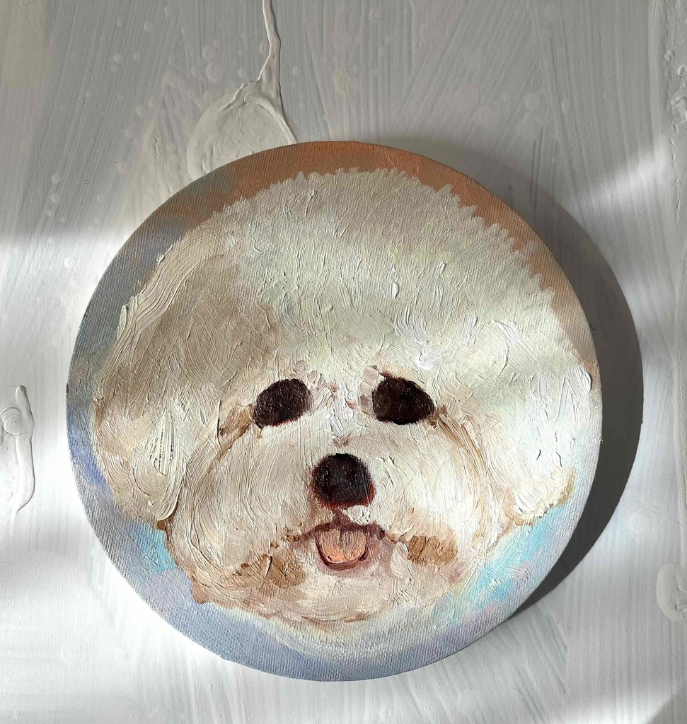 絵画 『ペロ』原画 油彩 直径20cm 犬 DOG 絵画 丸形アートパネル