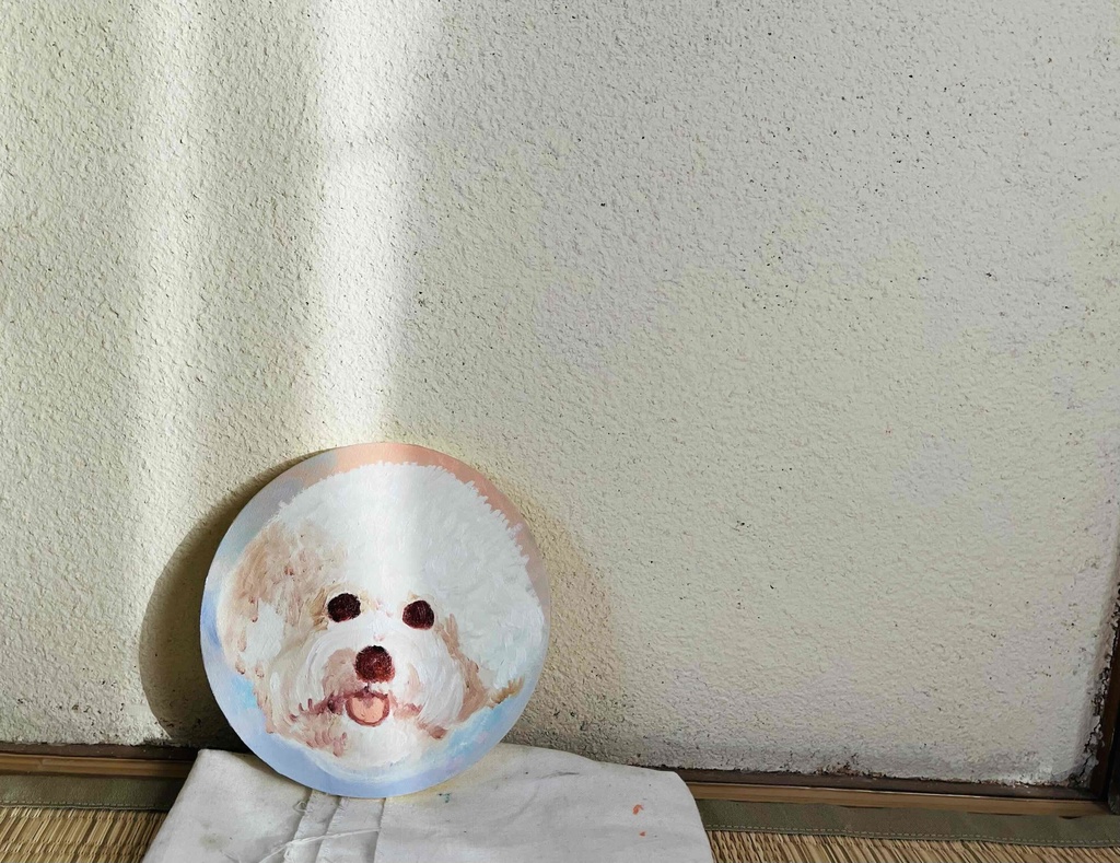 絵画 『ペロ』原画 油彩 直径20cm 犬 DOG 絵画 丸形アートパネル