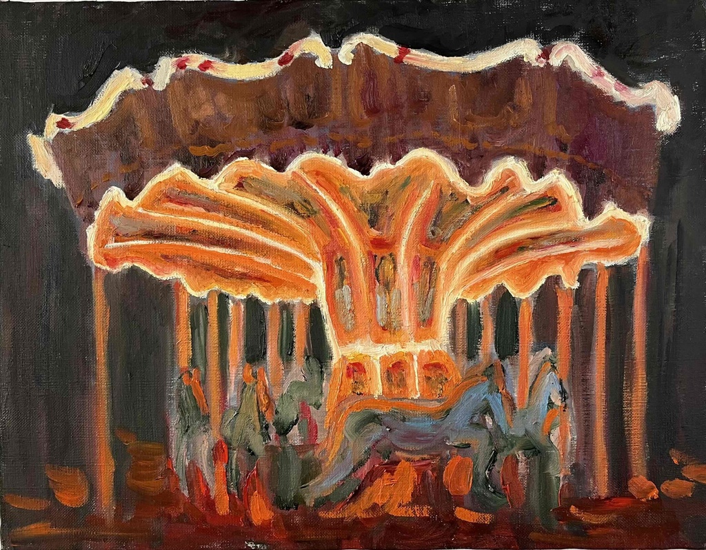 油彩画 「夜のメリーゴーランド7」|アート 絵画 原画 32×41cm F6 キャンバス