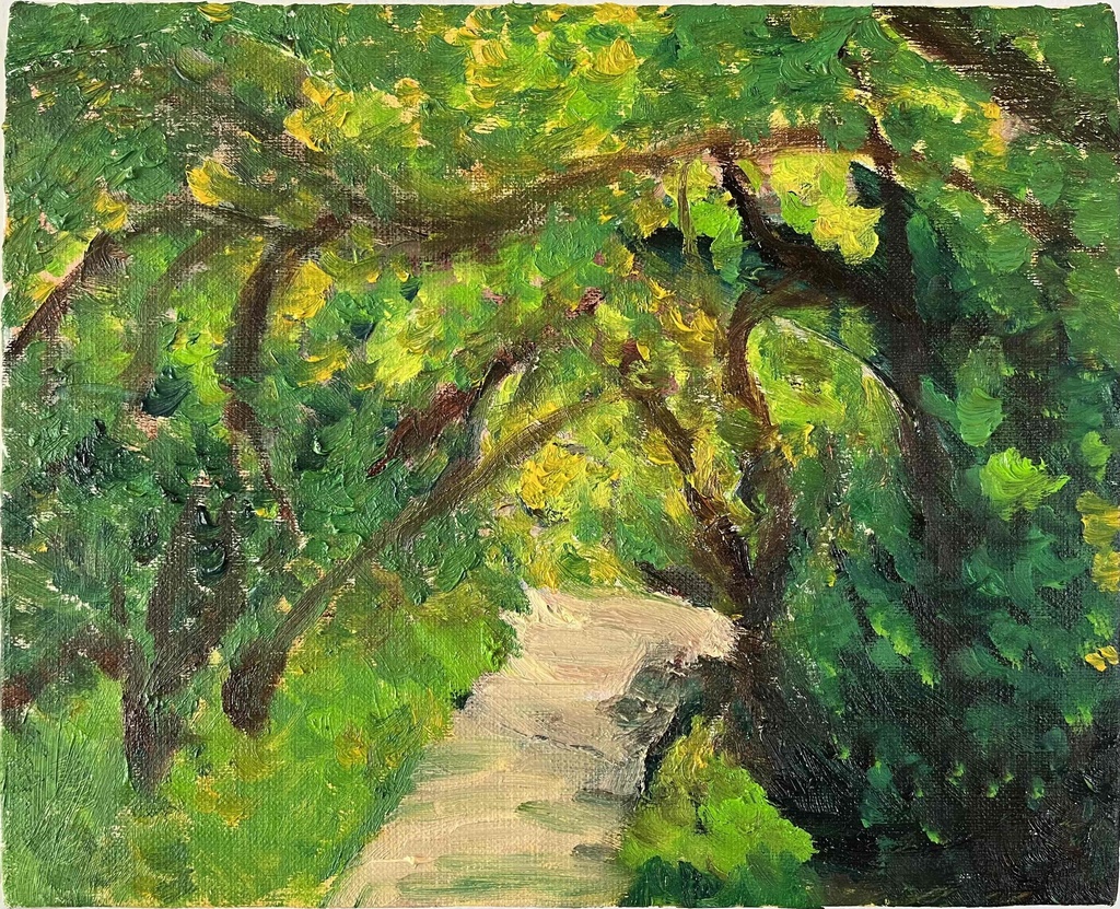 油彩画 原画「近所の風景 堤防 20262」アート 絵画 22×27㎝ F3 キャンバス