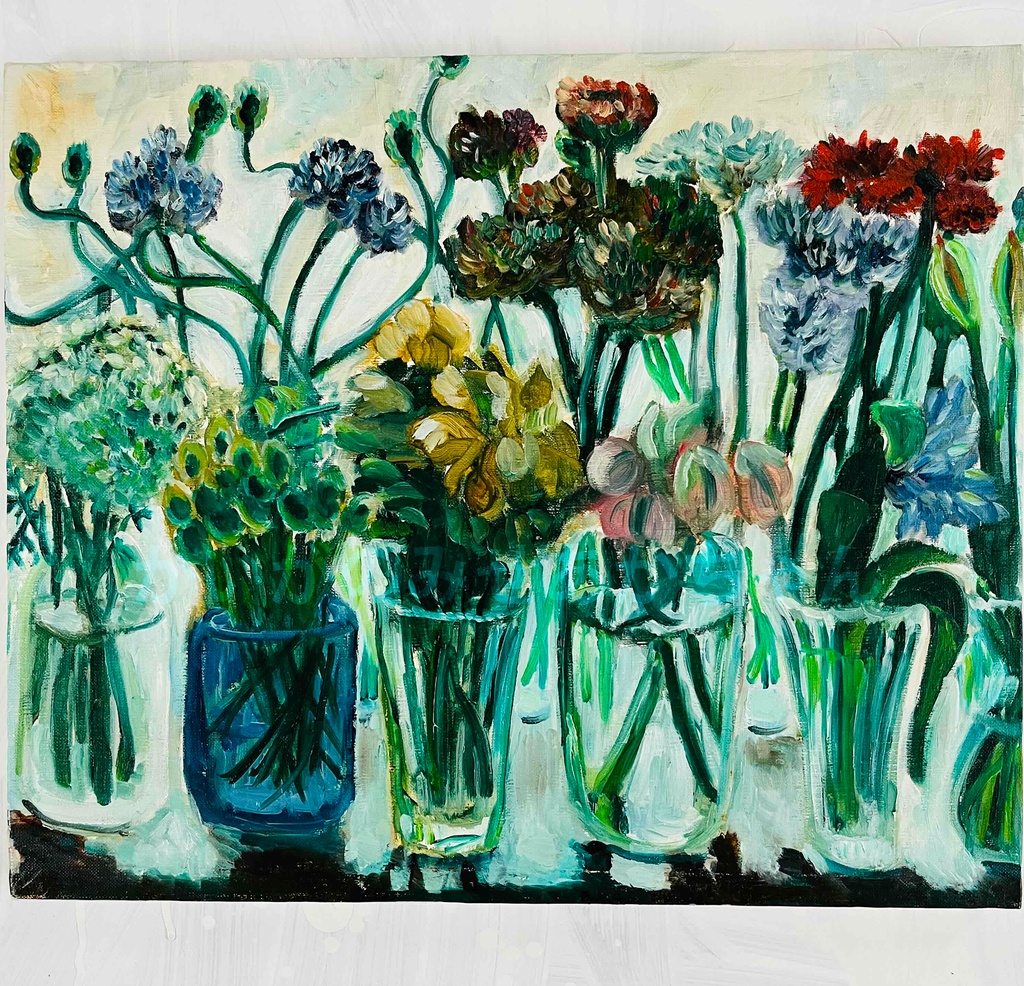 油彩・原画「窓辺の花瓶」絵画　F8（38×46㎝）アートキャンバス