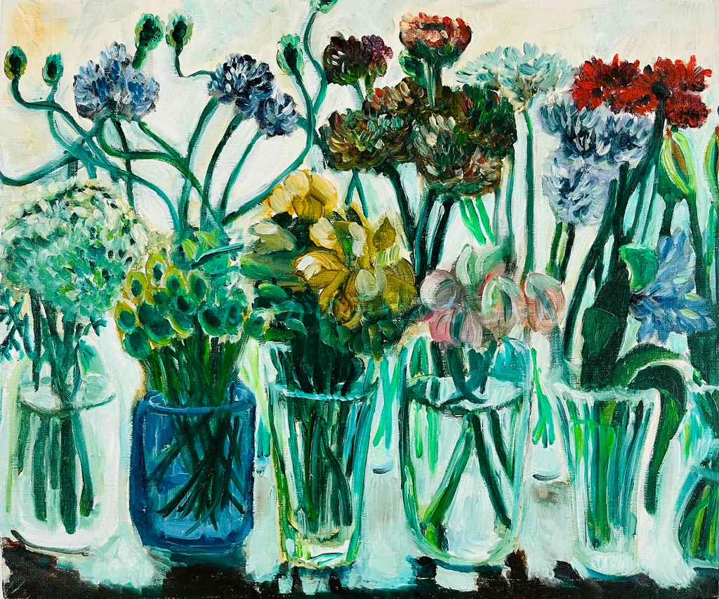 油彩・原画「窓辺の花瓶」絵画 F8(38×46㎝)アートキャンバス