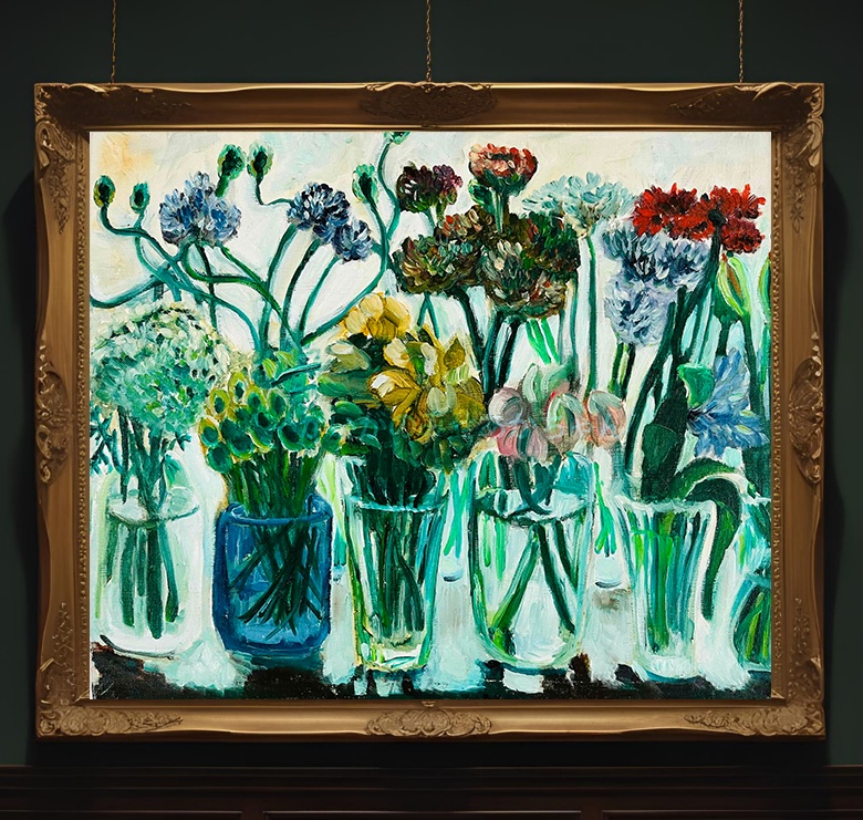 油彩・原画「窓辺の花瓶」絵画 F8(38×46㎝)アートキャンバス