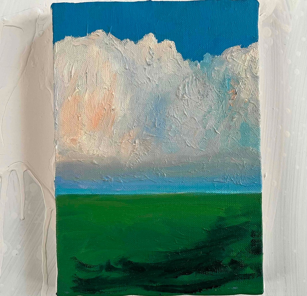 原画　油彩「田園と空」絵画・サムホールサイズ （16×23㎝）アート・キャンバス
