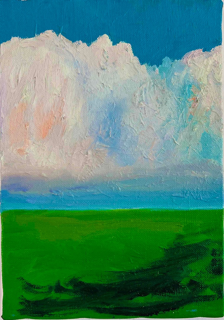 原画 油彩「田園と空」絵画・サムホールサイズ 16×23㎝)