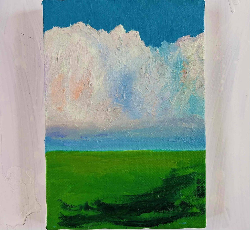 原画　油彩「田園と空」絵画・サムホールサイズ 16×23㎝）