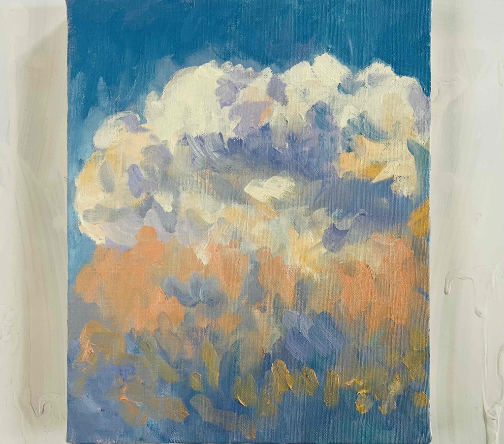 原画・油彩「夏の夕方の空」アート・絵画 ・F3（22×27㎝ ）キャンバス