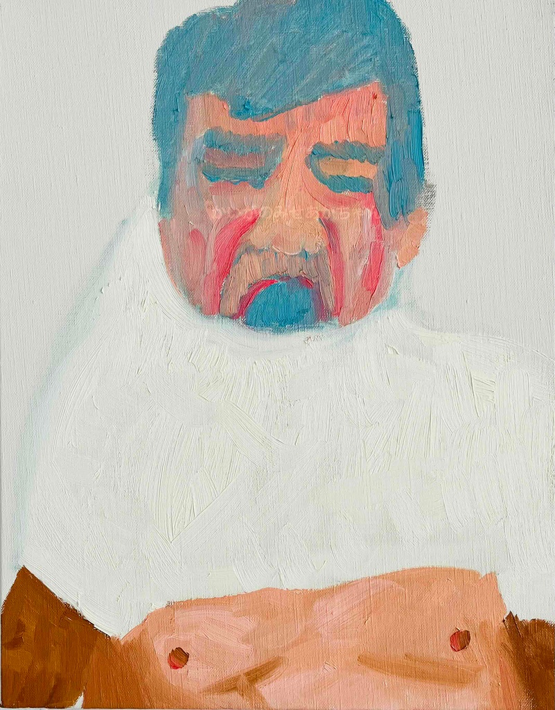 原画・油彩「お着換えあかさん」絵画・F6(32×41㎝)アート・キャンバス