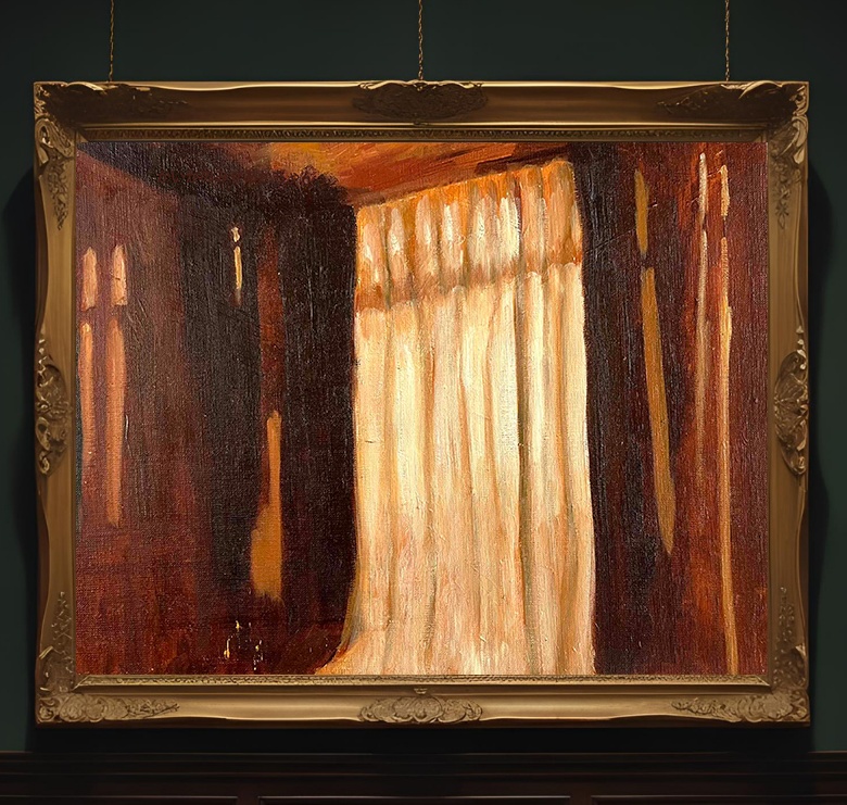 原画・油彩「夕方の部屋の中」絵画・F6(32×41㎝)アート・キャンバス