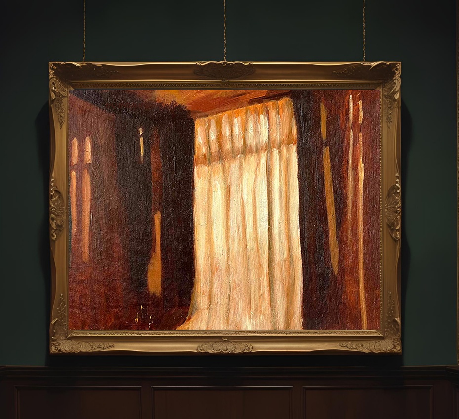 原画・油彩「夕方の部屋の中」絵画・F6(32×41㎝)アート・キャンバス