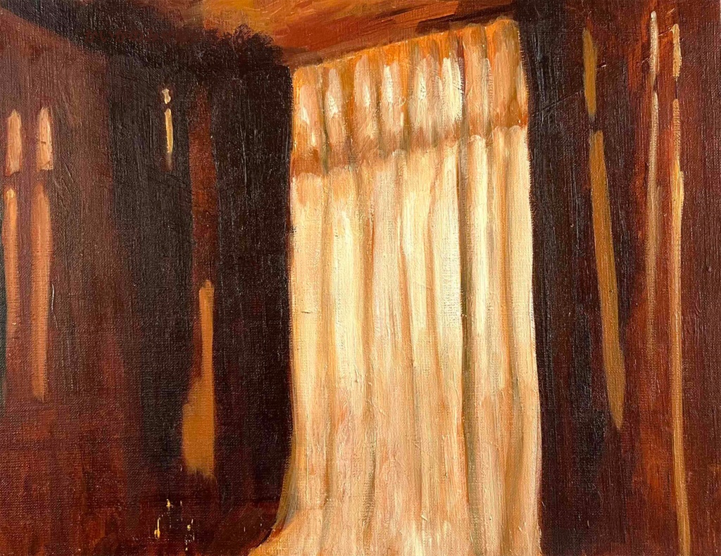 原画・油彩「夕方の部屋の中」絵画・F6(32×41㎝)アート・キャンバス